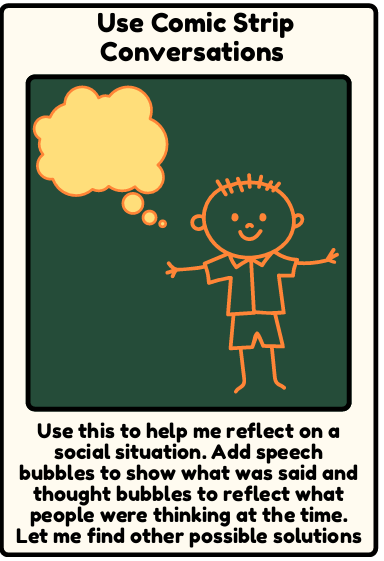Comic strips - Use this to help me reflect on a social situation. Add speech bubbles to show what was said and thought bubbles to reflect what people were thinking at the time. Let me find other possible solutions