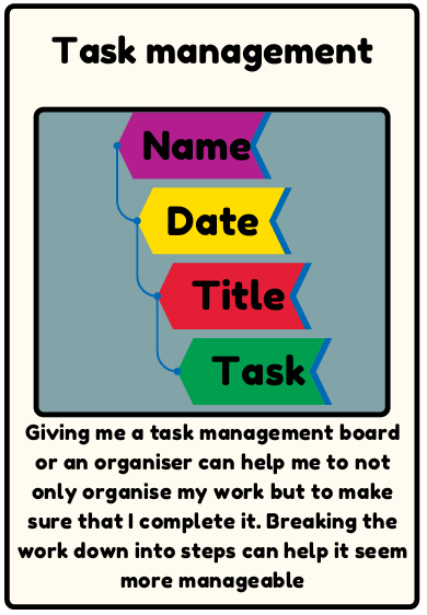Task management - Giving me a task management board or an organiser can help me to not only organise my work but to make sure that I complete it. Breaking the work down into steps can help it seem more manageable