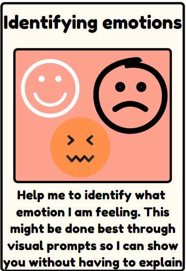 Identifying emotions - Help me to identify what emotion I am feeling. This might be done best through visual prompts so I can show you without having to explain
