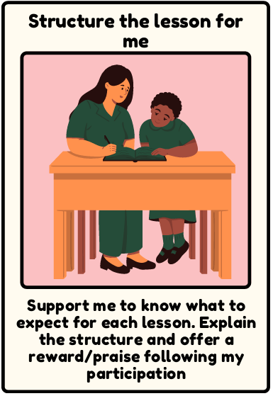 Structure the lesson for me - Support me to know what to expect for each lesson. Explain the structure and offer a reward/praise following my participation