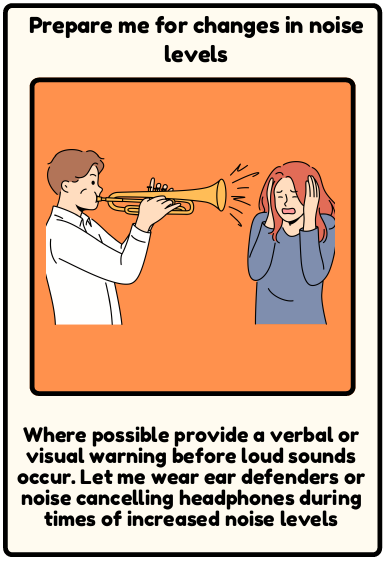 Loud noises - Where possible provide a verbal or visual warning before loud sounds occur. Let me wear ear defenders or noise cancelling headphones during times of increased noise levels