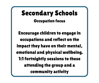 Encourage children to engage in occupations and reflect on the impact they have on their mental, emotional and physical wellbeing. 1:1 fortnightly sessions to those attending the group and a community activity