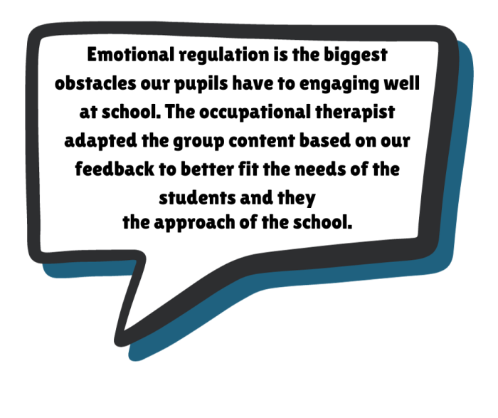 Emotional regulation is the biggest obstacles our pupils have to engaging well at school. The occupational therapist adapted the group content based on our feedback to better fit the needs of the students and they the approach of the school.